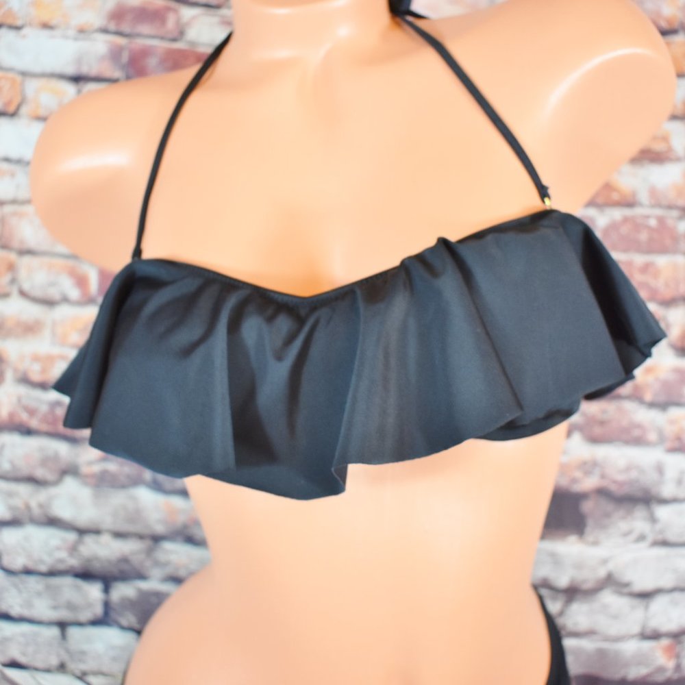 Victorias secret Small Medium Black Ruffle Bandeau Bikini NWOT Gold Hardware - Picture 6 of 12